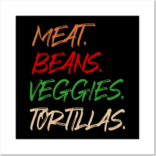 Meat. Beans. Veggies. Tortillas. Distressed text burrito ingredients Posters and Art